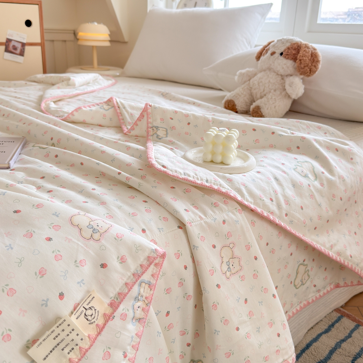 91家纺网 家纺一手货源 找家纺 雅萱家纺 2026新款印花双面全棉棉花夏被 粉樱小狗