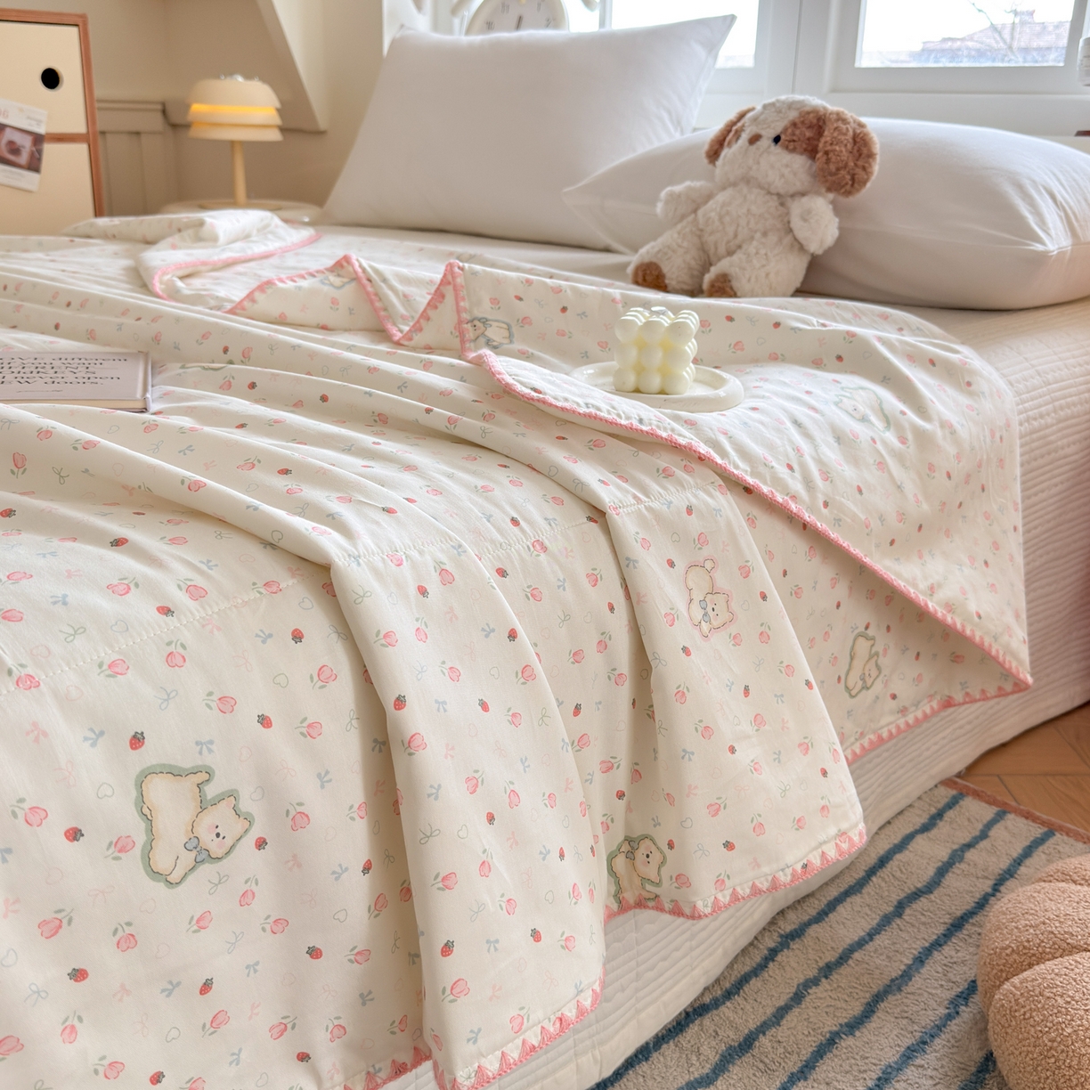 91家纺网 家纺一手货源 找家纺 雅萱家纺 2026新款印花双面全棉棉花夏被 粉樱小狗