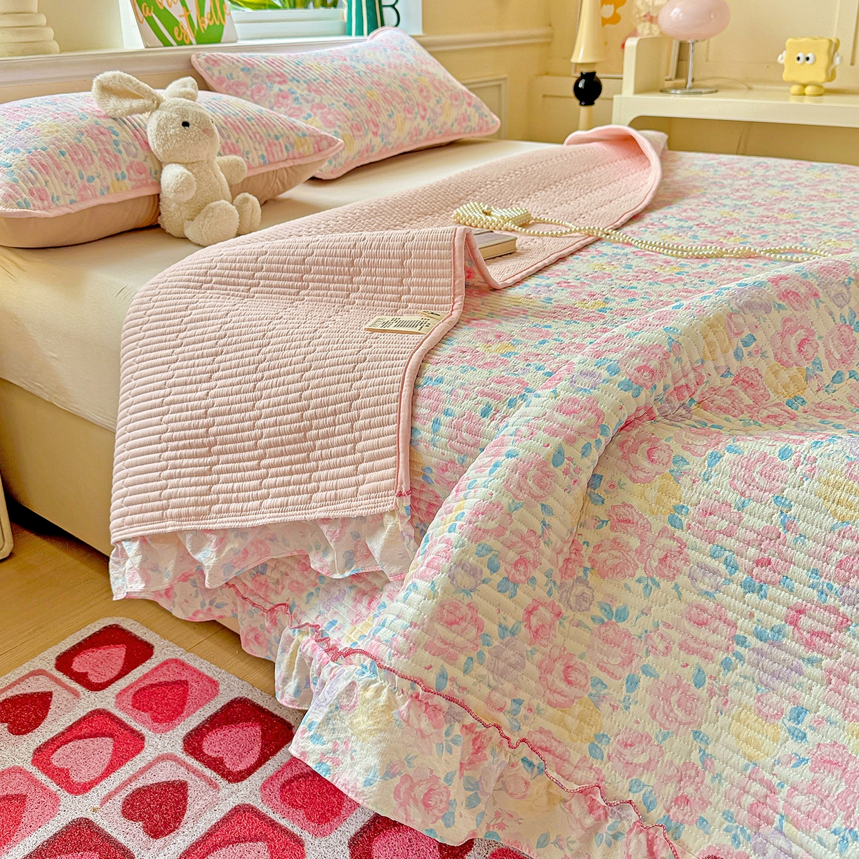 91家纺网 家纺一手货源 找家纺 恒尚居 2026新款云感皱皱纱床盖花边床单双层纱床盖三件套-四季款 花边款-玫瑰印象