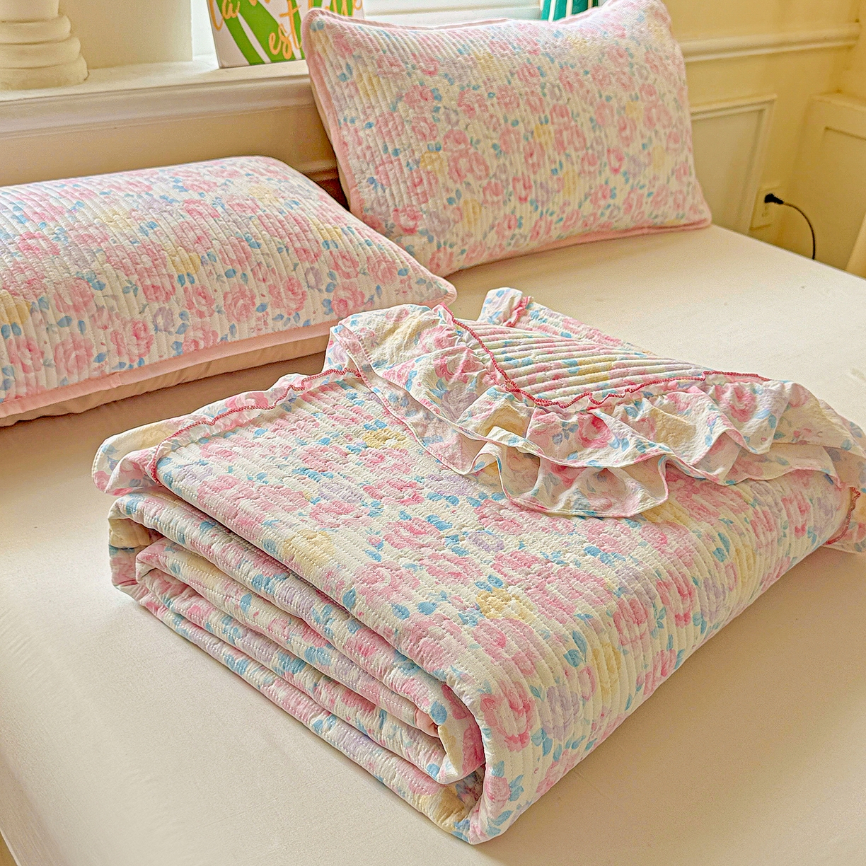 91家纺网 家纺一手货源 找家纺 恒尚居 2026新款云感皱皱纱床盖花边床单双层纱床盖三件套-四季款 花边款-玫瑰印象