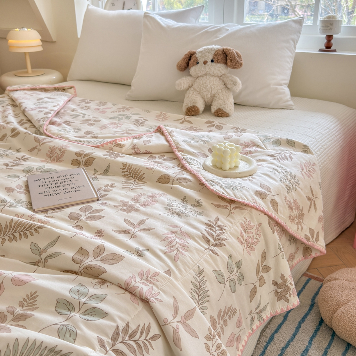 91家纺网 家纺一手货源 找家纺 雅萱家纺 2026新款印花双面全棉棉花夏被 莫兰迪叶语