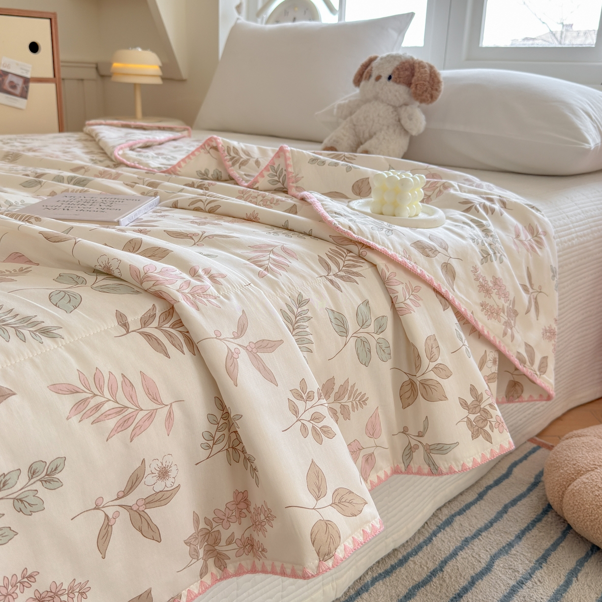 91家纺网 家纺一手货源 找家纺 雅萱家纺 2026新款印花双面全棉棉花夏被 莫兰迪叶语