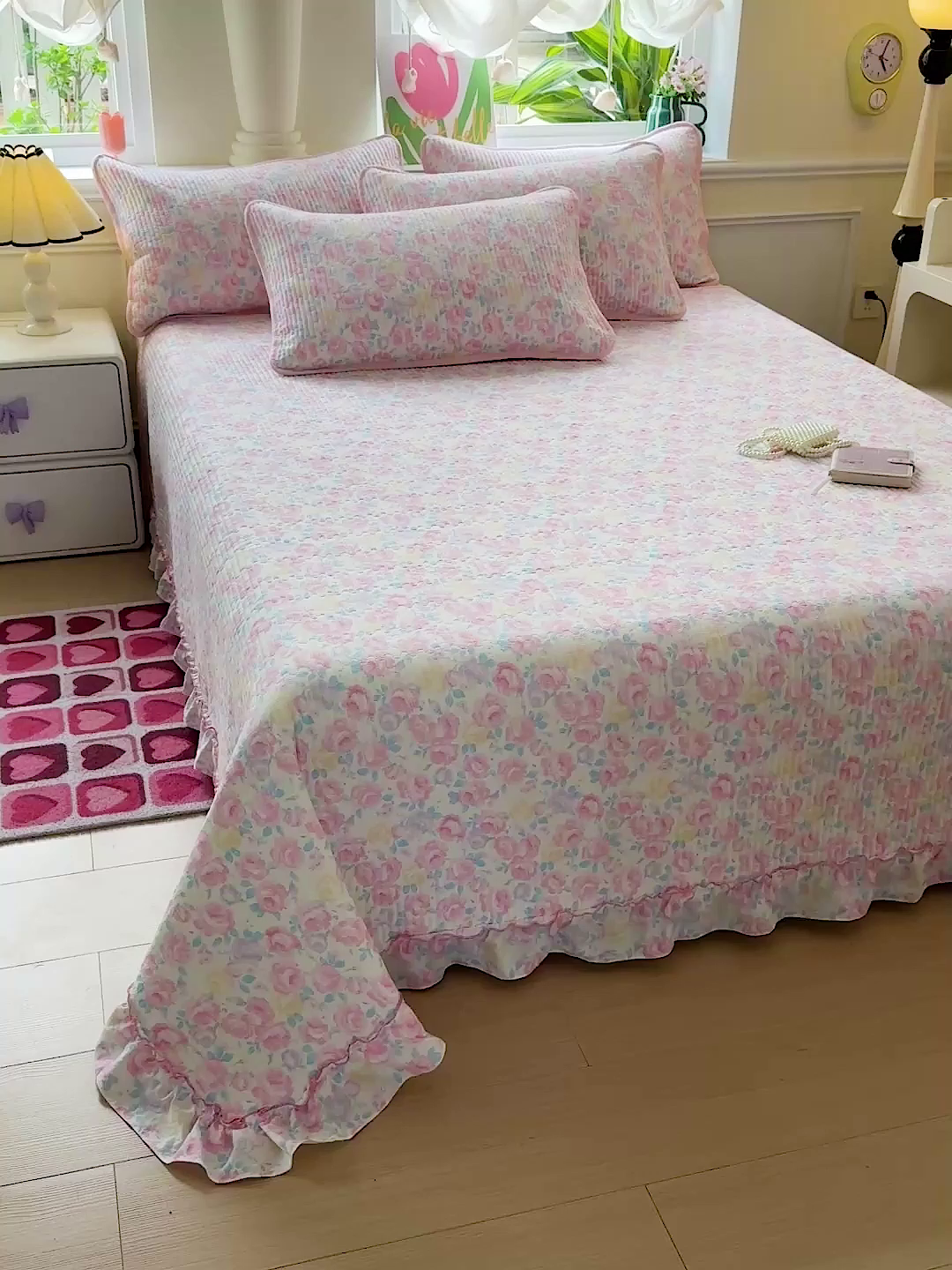 91家纺网 家纺一手货源 找家纺 恒尚居 2026新款云感皱皱纱床盖花边床单双层纱床盖三件套-四季款 花边款-玫瑰印象