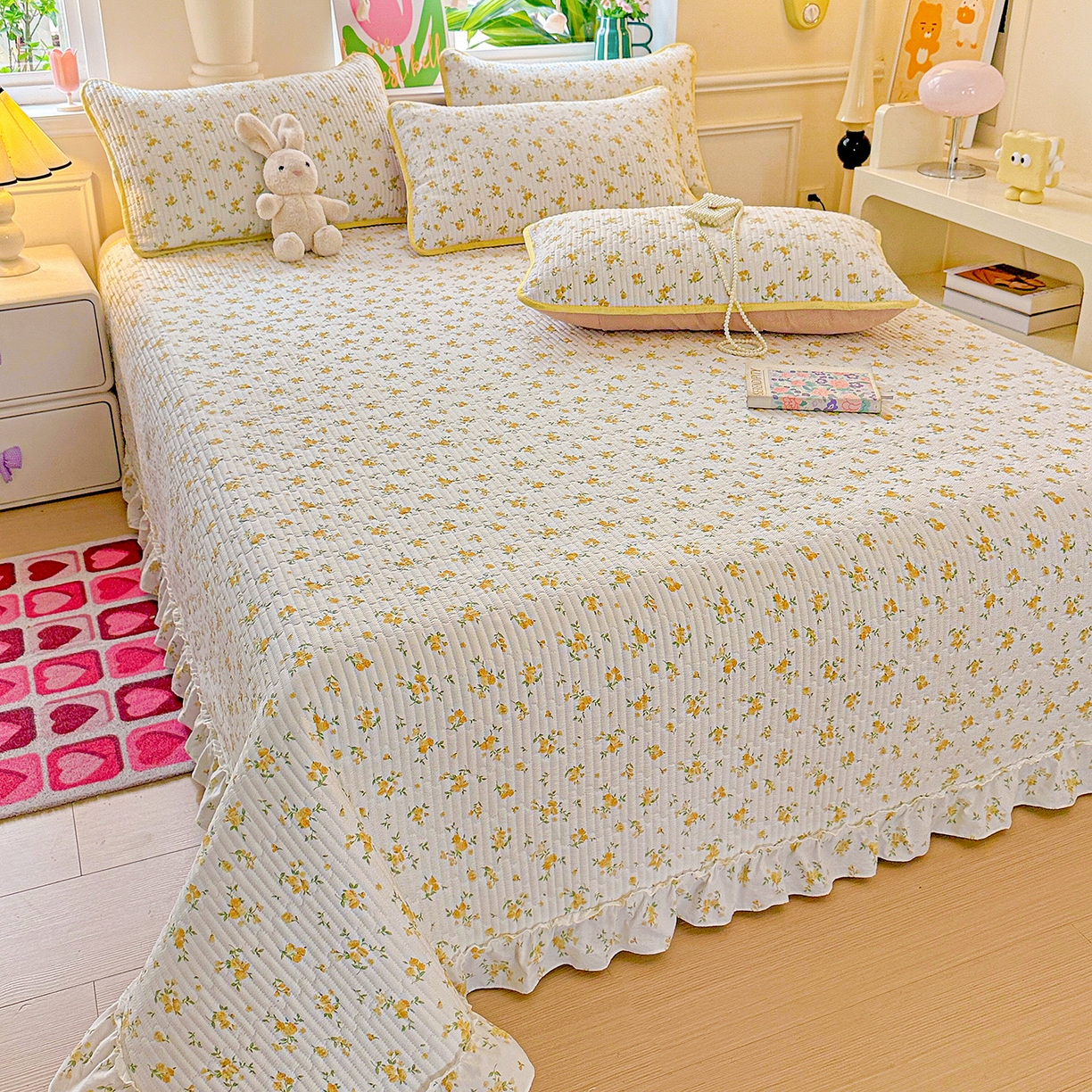 91家纺网 家纺一手货源 找家纺 恒尚居 2026新款云感皱皱纱床盖花边床单双层纱床盖三件套-四季款 花边款-春日繁花