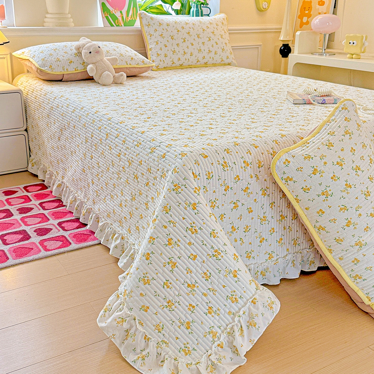 91家纺网 家纺一手货源 找家纺 恒尚居 2026新款云感皱皱纱床盖花边床单双层纱床盖三件套-四季款 花边款-春日繁花