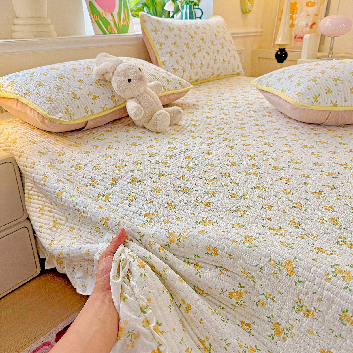 91家纺网 家纺一手货源 找家纺 恒尚居 2026新款云感皱皱纱床盖花边床单双层纱床盖三件套-四季款 花边款-春日繁花