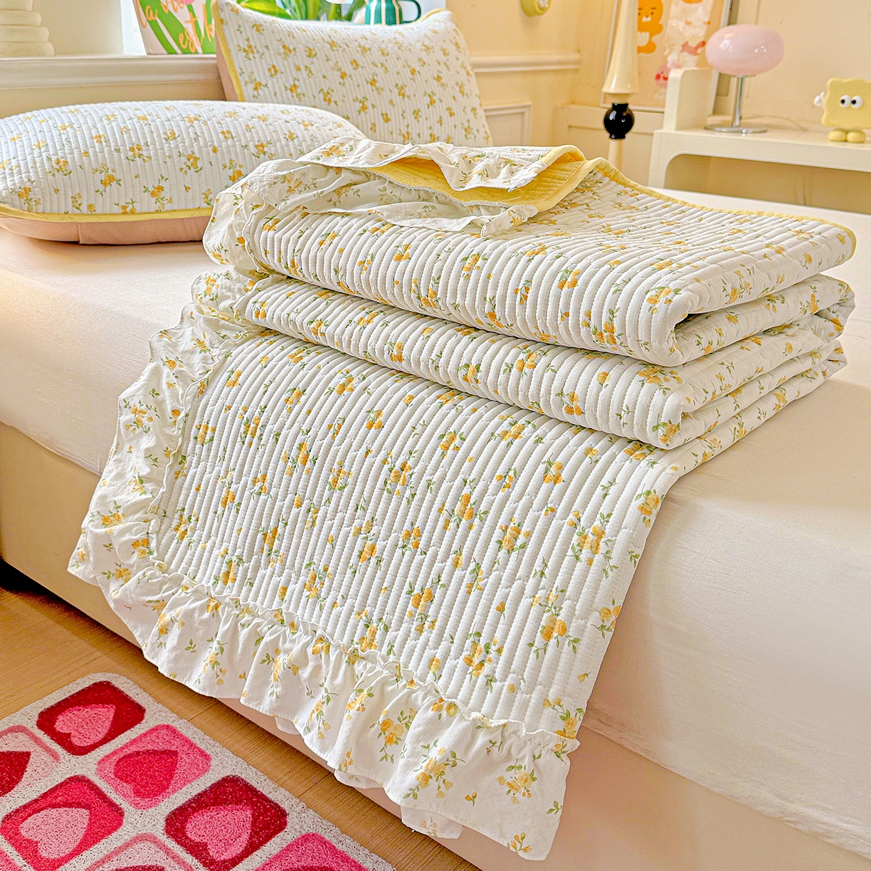 91家纺网 家纺一手货源 找家纺 恒尚居 2026新款云感皱皱纱床盖花边床单双层纱床盖三件套-四季款 花边款-春日繁花