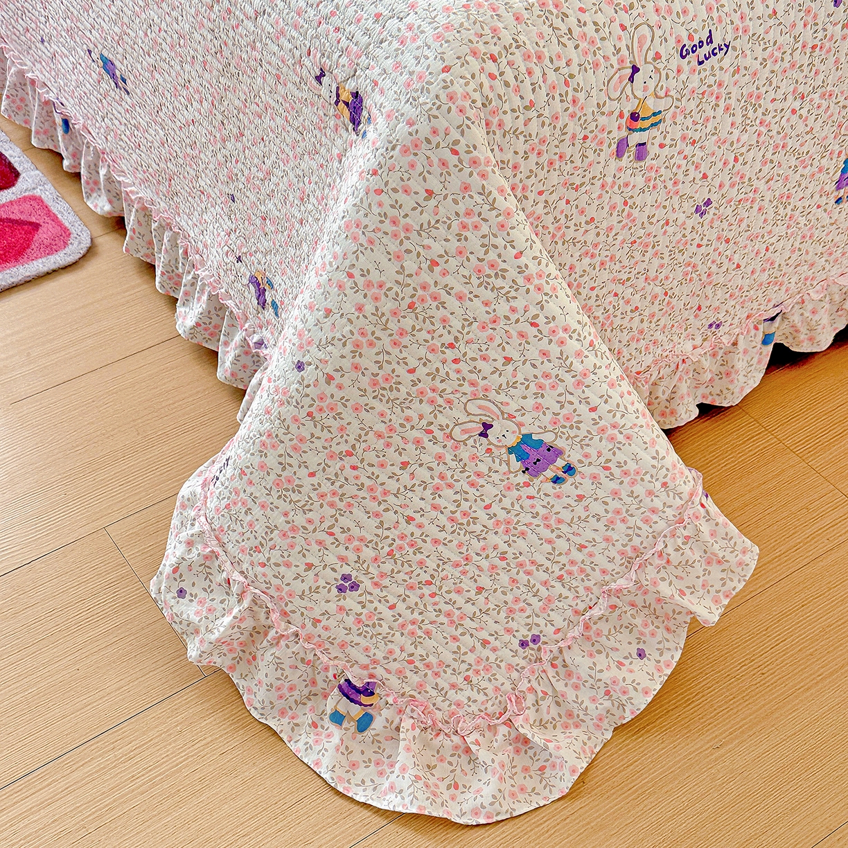 91家纺网 家纺一手货源 找家纺 恒尚居 2026新款云感皱皱纱床盖花边床单双层纱床盖三件套-四季款 花边款-欢乐兔