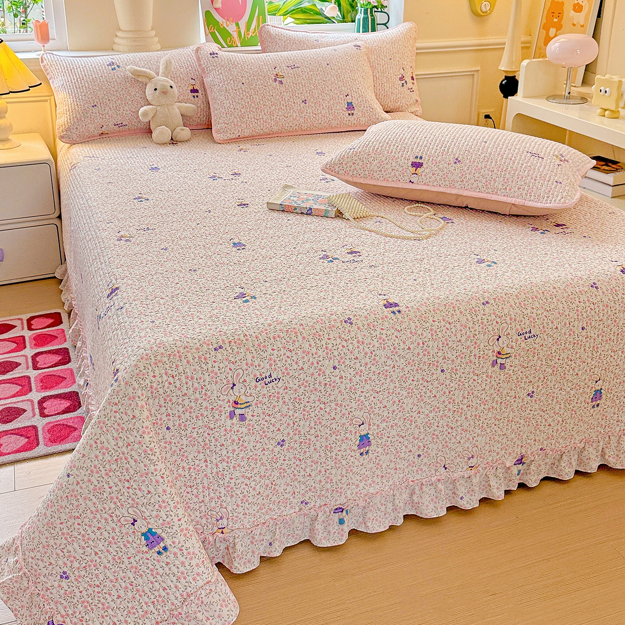 91家纺网 家纺一手货源 找家纺 恒尚居 2026新款云感皱皱纱床盖花边床单双层纱床盖三件套-四季款 花边款-欢乐兔