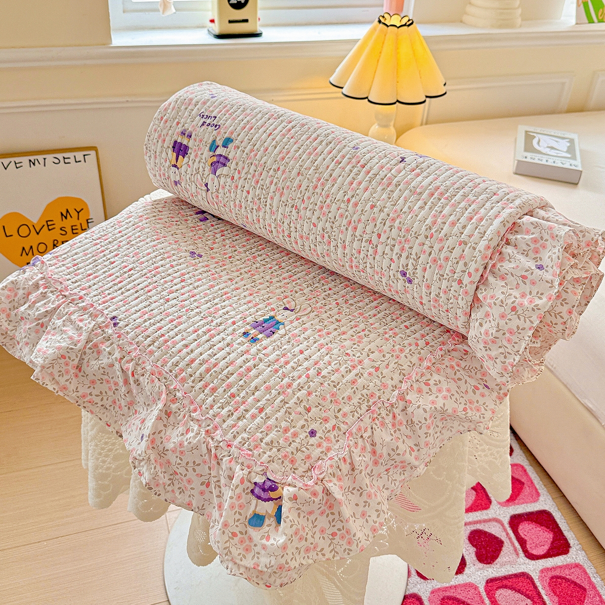 91家纺网 家纺一手货源 找家纺 恒尚居 2026新款云感皱皱纱床盖花边床单双层纱床盖三件套-四季款 花边款-欢乐兔