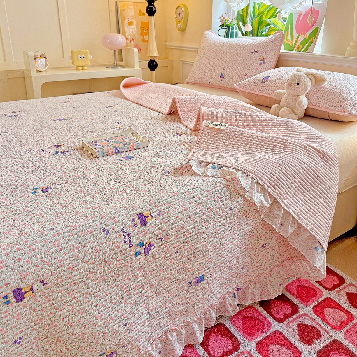 91家纺网 家纺一手货源 找家纺 恒尚居 2026新款云感皱皱纱床盖花边床单双层纱床盖三件套-四季款 花边款-欢乐兔