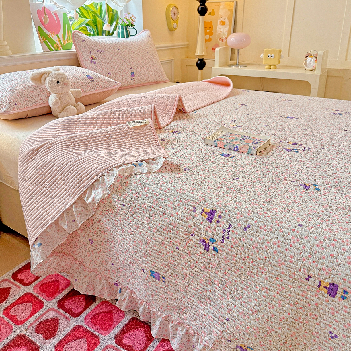 91家纺网 家纺一手货源 找家纺 恒尚居 2026新款云感皱皱纱床盖花边床单双层纱床盖三件套-四季款 花边款-欢乐兔