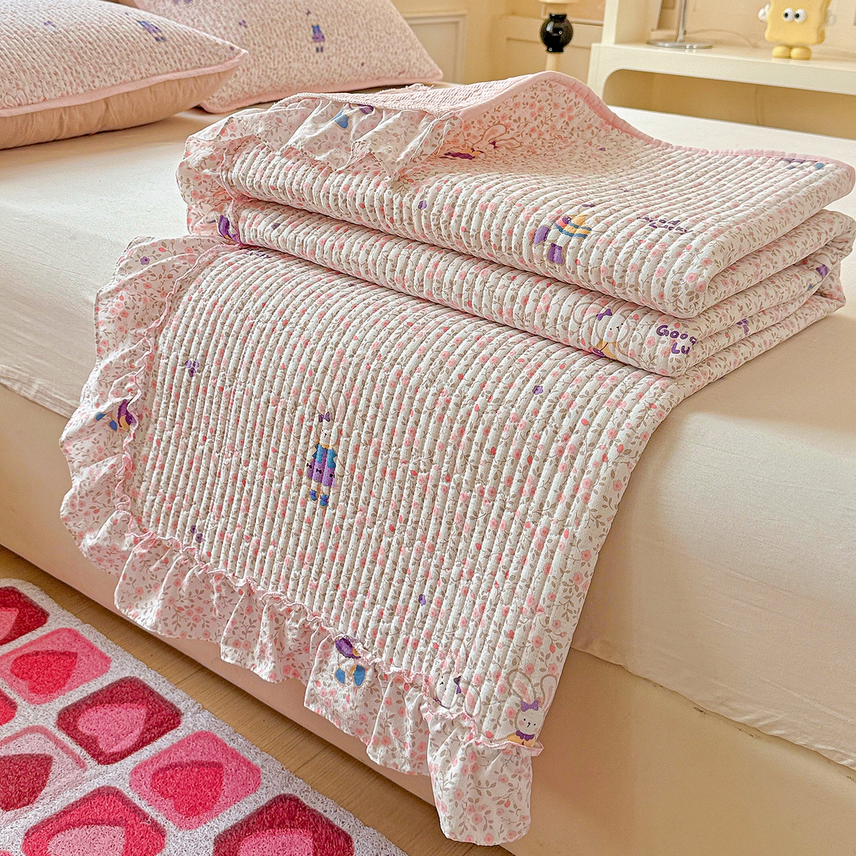 91家纺网 家纺一手货源 找家纺 恒尚居 2026新款云感皱皱纱床盖花边床单双层纱床盖三件套-四季款 花边款-欢乐兔