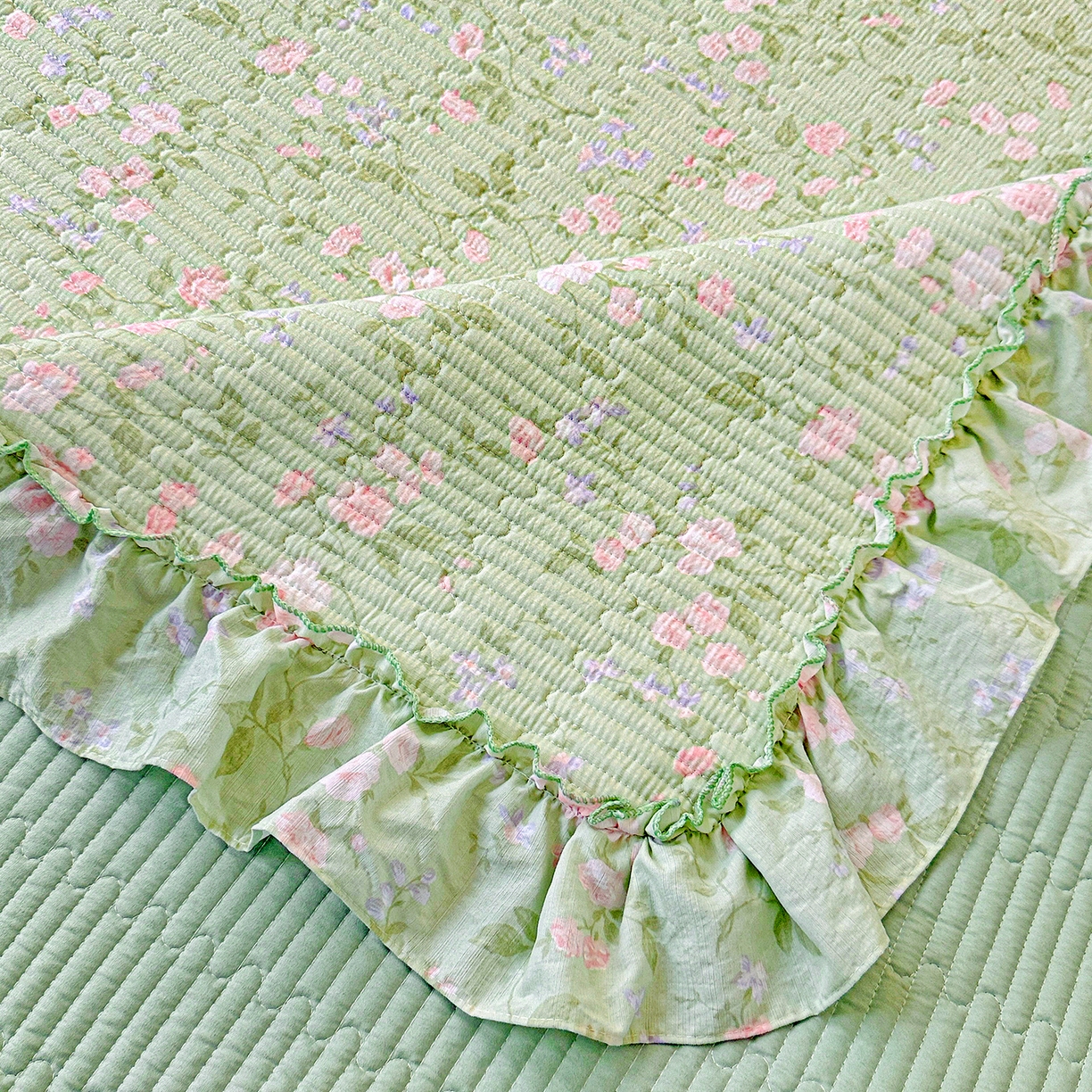 91家纺网 家纺一手货源 找家纺 恒尚居 2026新款云感皱皱纱床盖花边床单双层纱床盖三件套-四季款 花边款-美丽心情