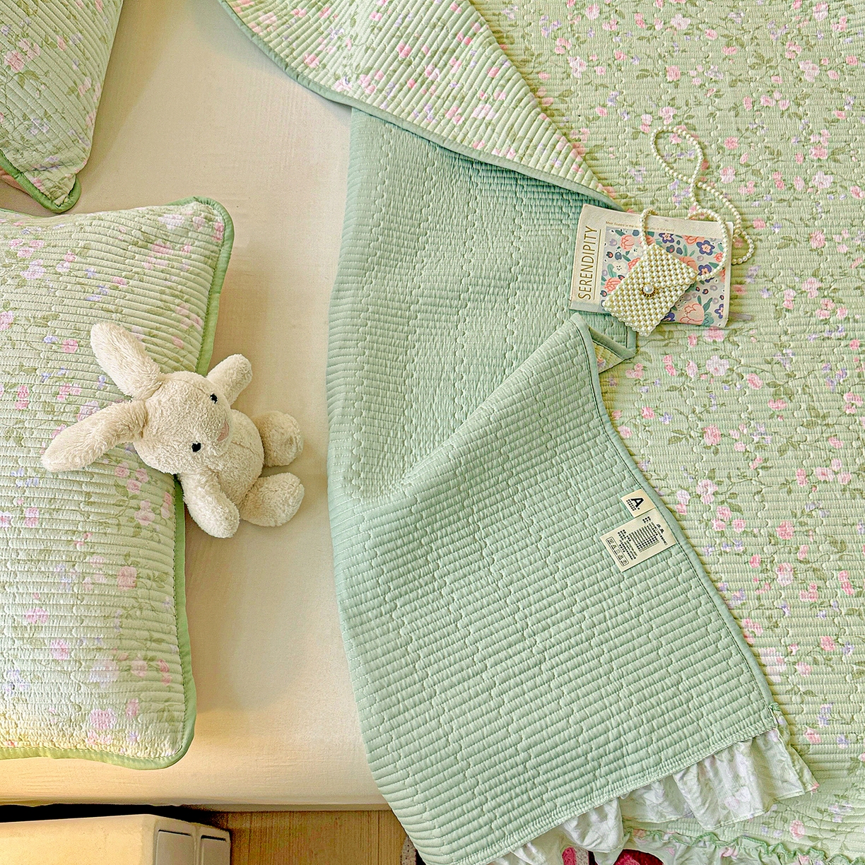 91家纺网 家纺一手货源 找家纺 恒尚居 2026新款云感皱皱纱床盖花边床单双层纱床盖三件套-四季款 花边款-美丽心情