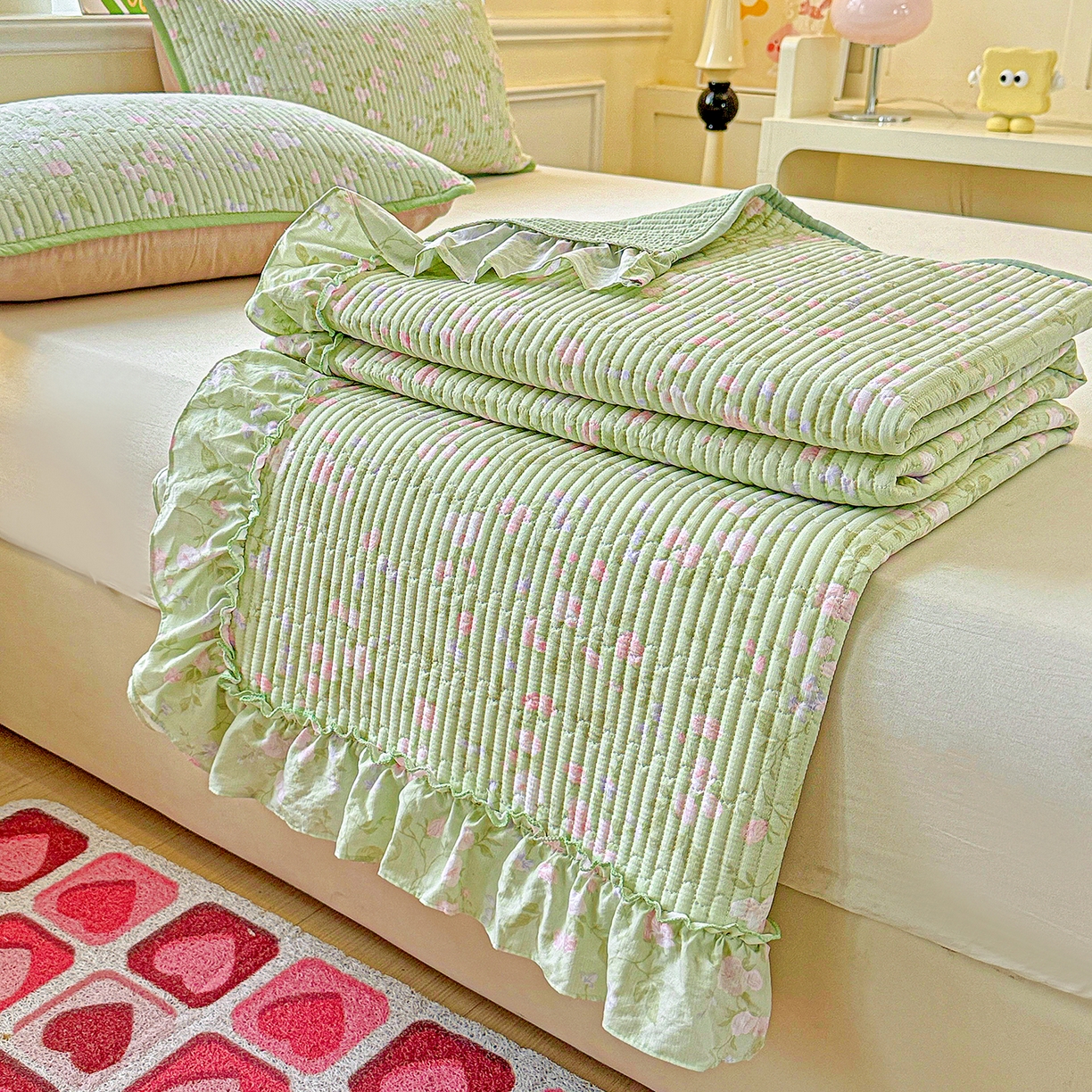 91家纺网 家纺一手货源 找家纺 恒尚居 2026新款云感皱皱纱床盖花边床单双层纱床盖三件套-四季款 花边款-美丽心情