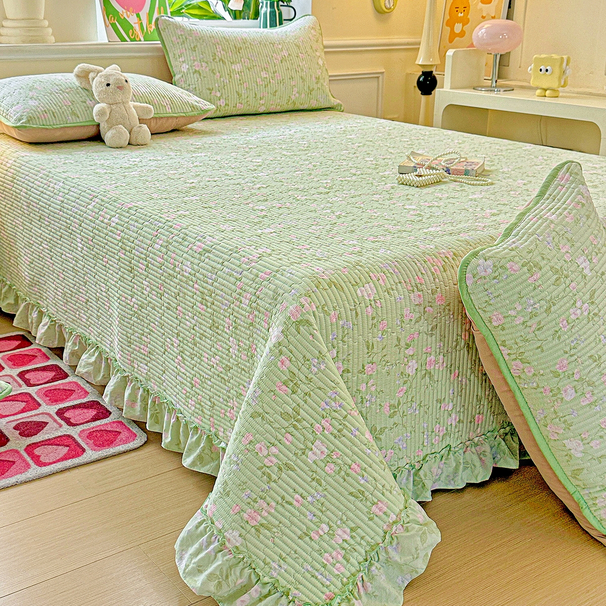 91家纺网 家纺一手货源 找家纺 恒尚居 2026新款云感皱皱纱床盖花边床单双层纱床盖三件套-四季款 花边款-美丽心情