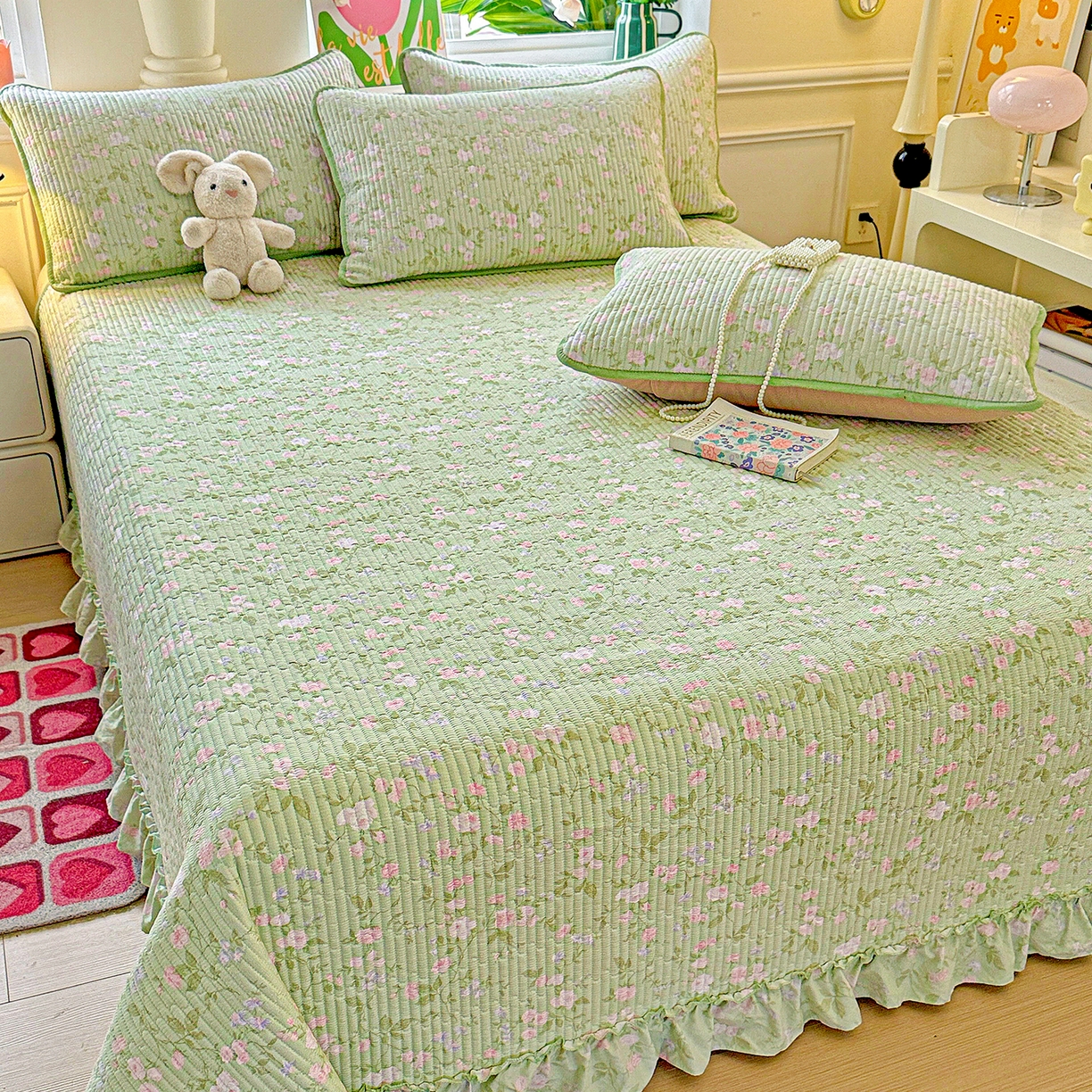 91家纺网 家纺一手货源 找家纺 恒尚居 2026新款云感皱皱纱床盖花边床单双层纱床盖三件套-四季款 花边款-美丽心情