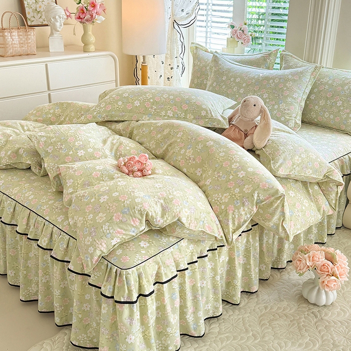 91家纺网 家纺一手货源 找家纺 （总）优家居 2026新款A类水洗棉床裙单件三件套皱皱纱韩版公主风花边床罩直播爆款外贸定制