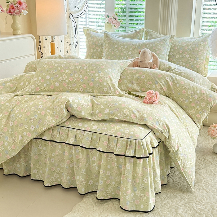 91家纺网 家纺一手货源 找家纺 （总）优家居 2026新款A类水洗棉床裙单件三件套皱皱纱韩版公主风花边床罩直播爆款外贸定制