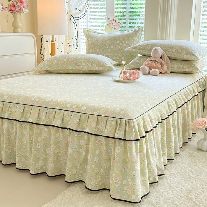 91家纺网 家纺一手货源 找家纺 （总）优家居 2026新款A类水洗棉床裙单件三件套皱皱纱韩版公主风花边床罩直播爆款外贸定制