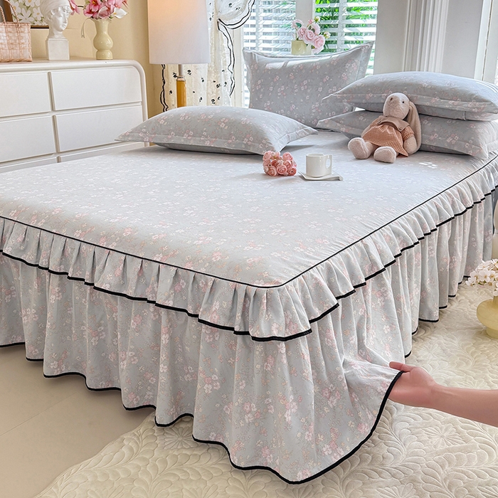 91家纺网 家纺一手货源 找家纺 （总）优家居 2026新款A类水洗棉床裙单件三件套皱皱纱韩版公主风花边床罩直播爆款外贸定制