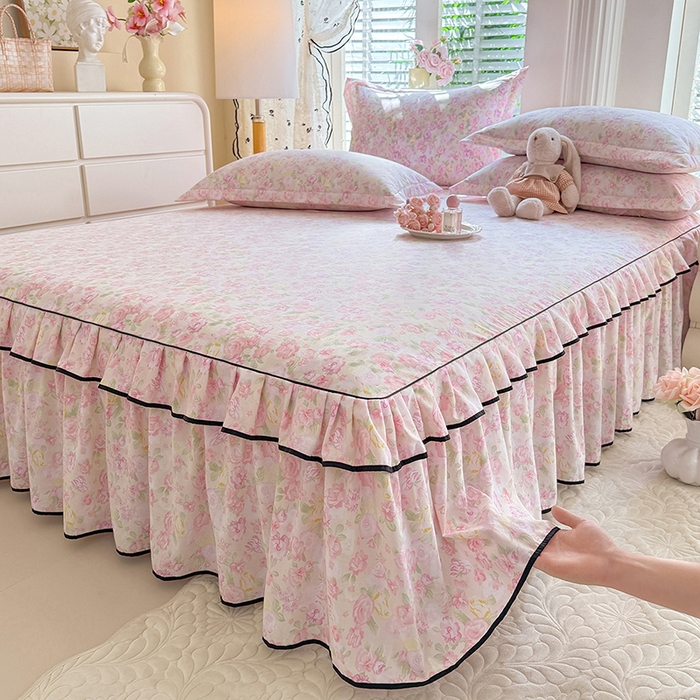 91家纺网 家纺一手货源 找家纺 （总）优家居 2026新款A类水洗棉床裙单件三件套皱皱纱韩版公主风花边床罩直播爆款外贸定制