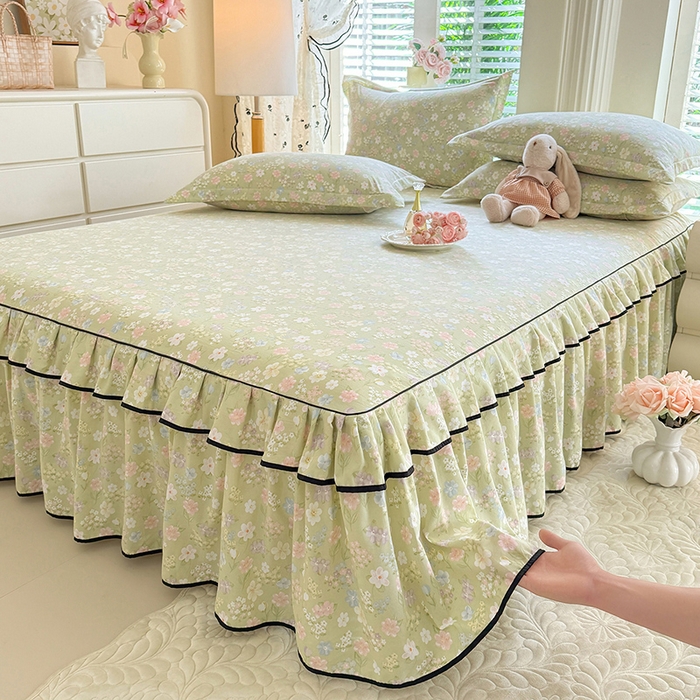 91家纺网 家纺一手货源 找家纺 （总）优家居 2026新款A类水洗棉床裙单件三件套皱皱纱韩版公主风花边床罩直播爆款外贸定制