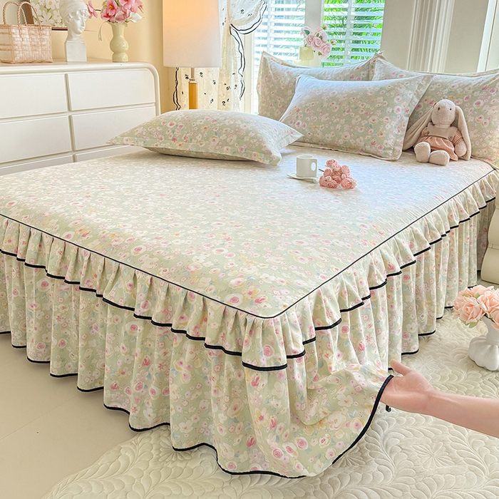 91家纺网 家纺一手货源 找家纺 （总）优家居 2026新款A类水洗棉床裙单件三件套皱皱纱韩版公主风花边床罩直播爆款外贸定制