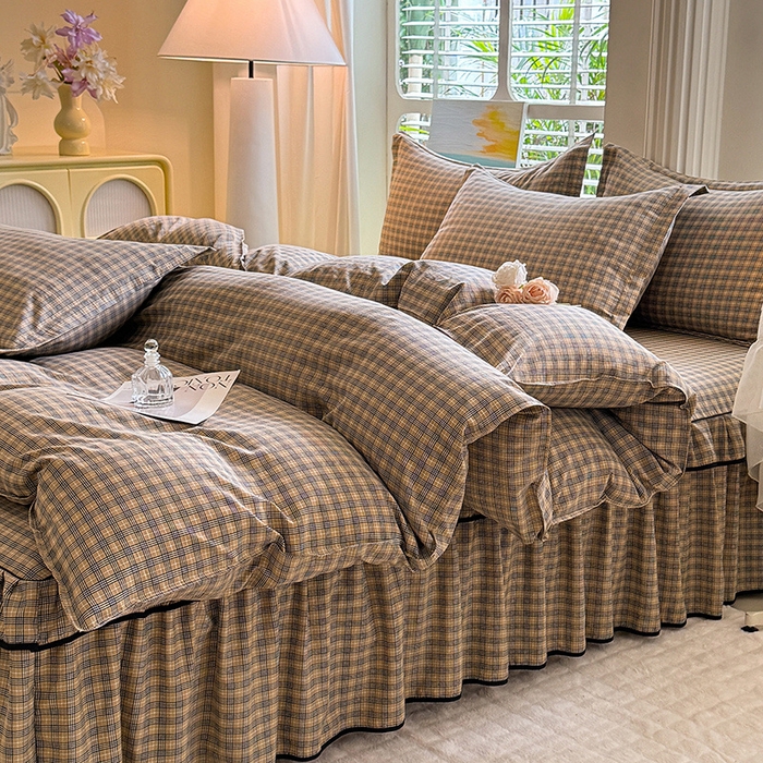 91家纺网 家纺一手货源 找家纺 优家居 2026新款A类水洗棉床裙单件三件套皱皱纱韩版公主风花边床罩直播爆款外贸定制 巴宝格-咖