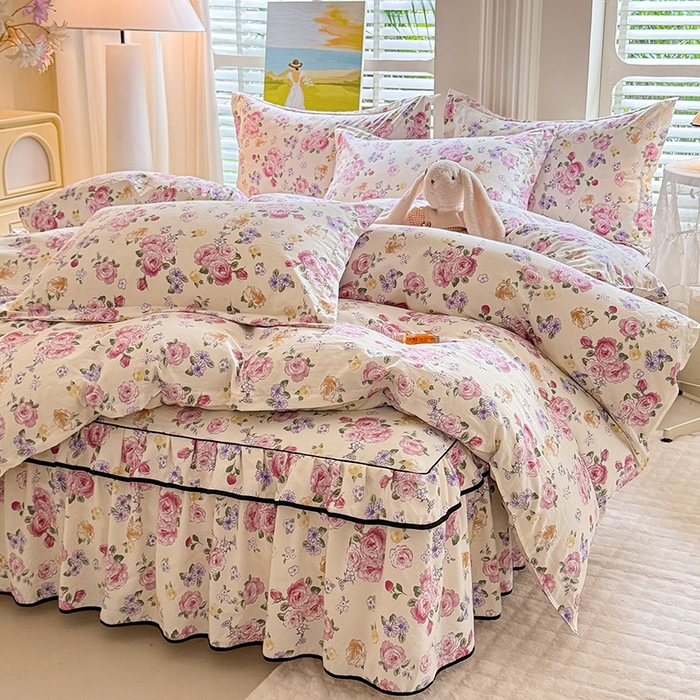 91家纺网 家纺一手货源 找家纺 优家居 2026新款A类水洗棉床裙单件三件套皱皱纱韩版公主风花边床罩直播爆款外贸定制 紫雾花园