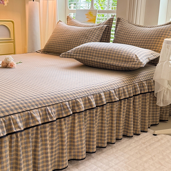 91家纺网 家纺一手货源 找家纺 优家居 2026新款A类水洗棉床裙单件三件套皱皱纱韩版公主风花边床罩直播爆款外贸定制 巴宝格-咖