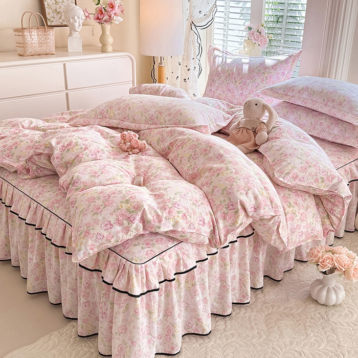 91家纺网 家纺一手货源 找家纺 优家居 2026新款A类水洗棉床裙单件三件套皱皱纱韩版公主风花边床罩直播爆款外贸定制 欧若拉