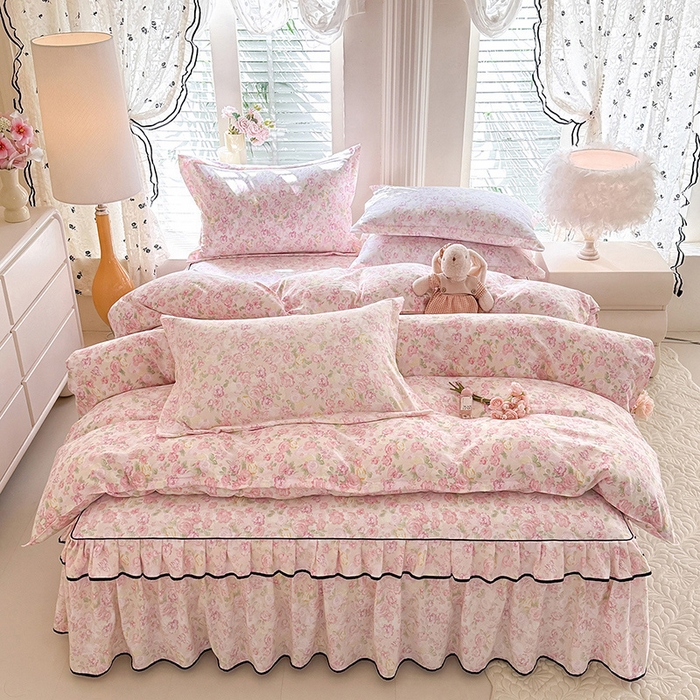 91家纺网 家纺一手货源 找家纺 优家居 2026新款A类水洗棉床裙单件三件套皱皱纱韩版公主风花边床罩直播爆款外贸定制 欧若拉