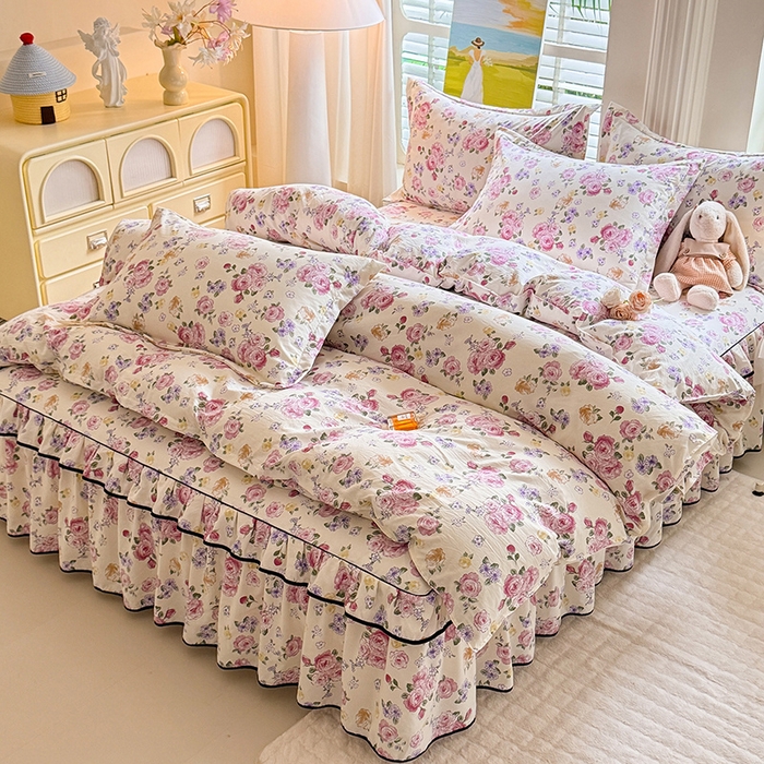 91家纺网 家纺一手货源 找家纺 优家居 2026新款A类水洗棉床裙单件三件套皱皱纱韩版公主风花边床罩直播爆款外贸定制 紫雾花园