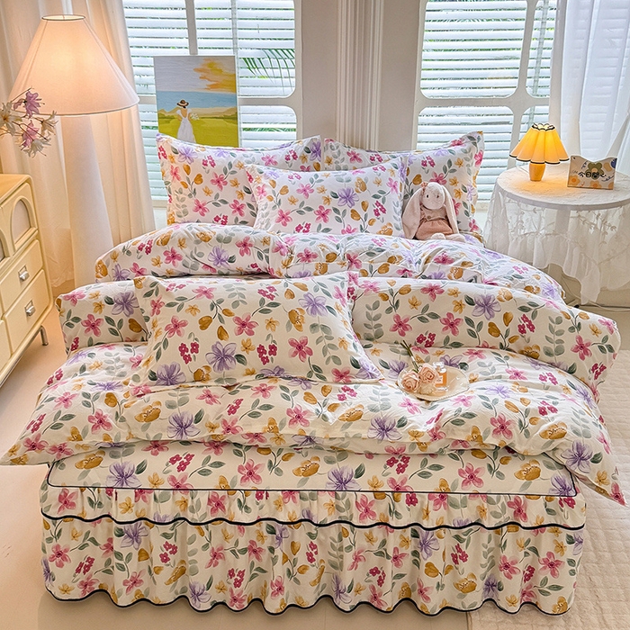 91家纺网 家纺一手货源 找家纺 优家居 2026新款A类水洗棉床裙单件三件套皱皱纱韩版公主风花边床罩直播爆款外贸定制 繁花似锦