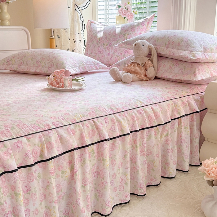 91家纺网 家纺一手货源 找家纺 优家居 2026新款A类水洗棉床裙单件三件套皱皱纱韩版公主风花边床罩直播爆款外贸定制 欧若拉