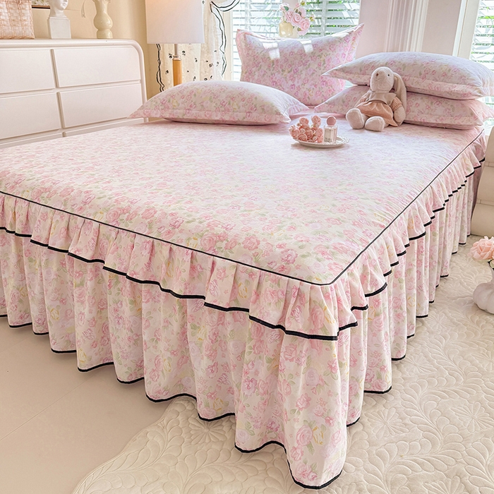 91家纺网 家纺一手货源 找家纺 优家居 2026新款A类水洗棉床裙单件三件套皱皱纱韩版公主风花边床罩直播爆款外贸定制 欧若拉