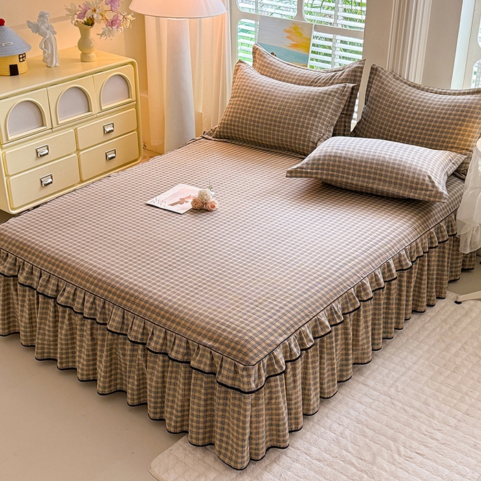 91家纺网 家纺一手货源 找家纺 优家居 2026新款A类水洗棉床裙单件三件套皱皱纱韩版公主风花边床罩直播爆款外贸定制 巴宝格-咖