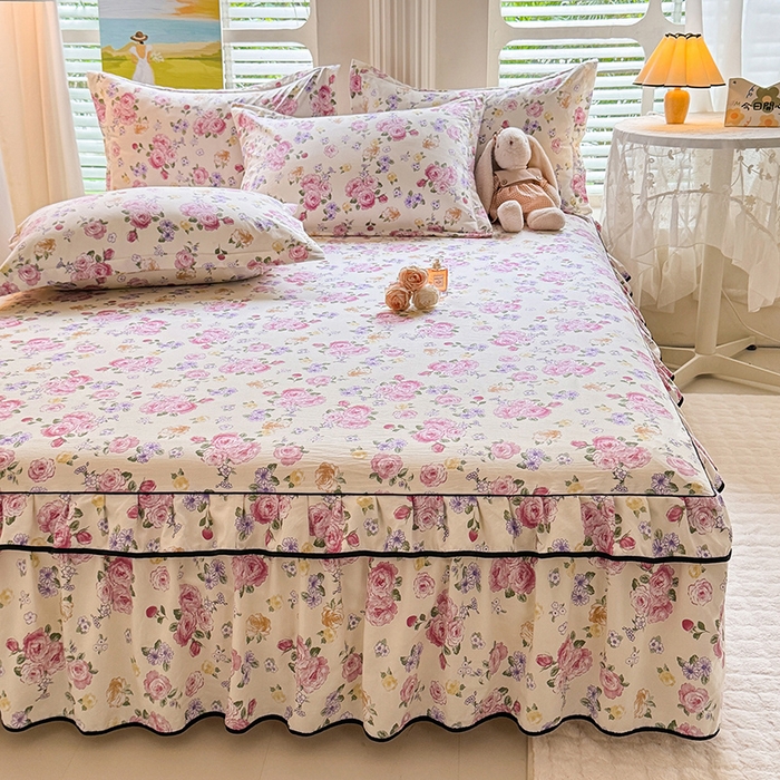 91家纺网 家纺一手货源 找家纺 优家居 2026新款A类水洗棉床裙单件三件套皱皱纱韩版公主风花边床罩直播爆款外贸定制 紫雾花园