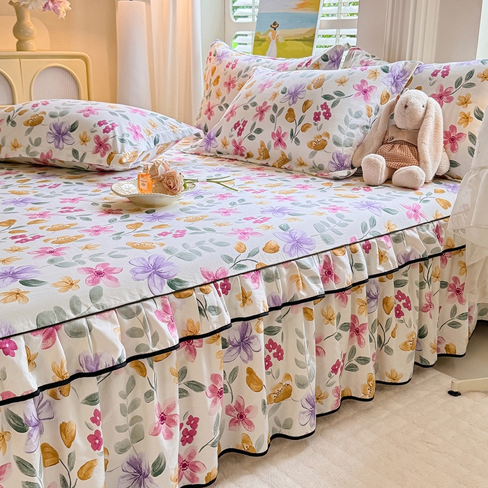 91家纺网 家纺一手货源 找家纺 优家居 2026新款A类水洗棉床裙单件三件套皱皱纱韩版公主风花边床罩直播爆款外贸定制 繁花似锦