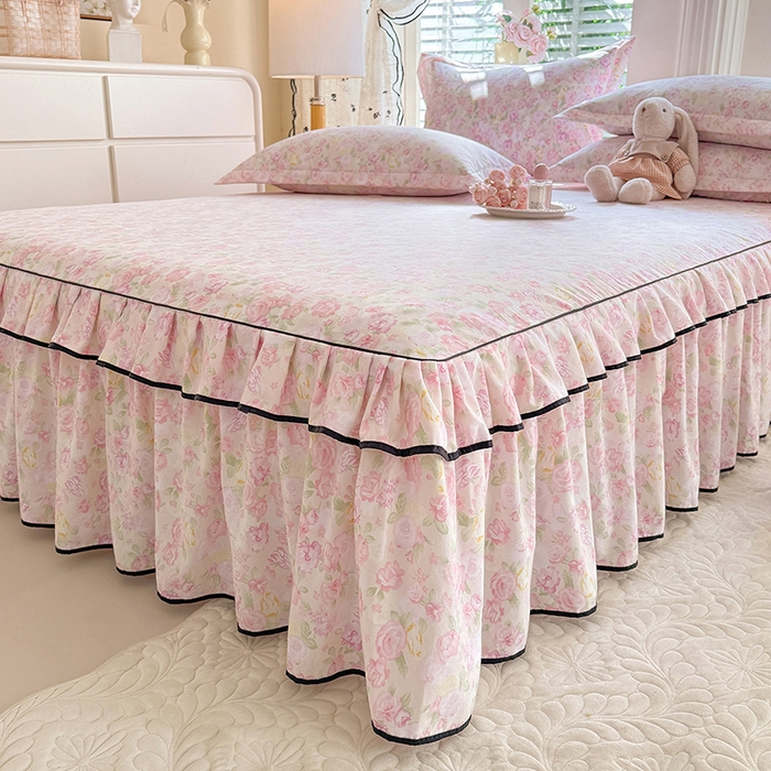 91家纺网 家纺一手货源 找家纺 优家居 2026新款A类水洗棉床裙单件三件套皱皱纱韩版公主风花边床罩直播爆款外贸定制 欧若拉