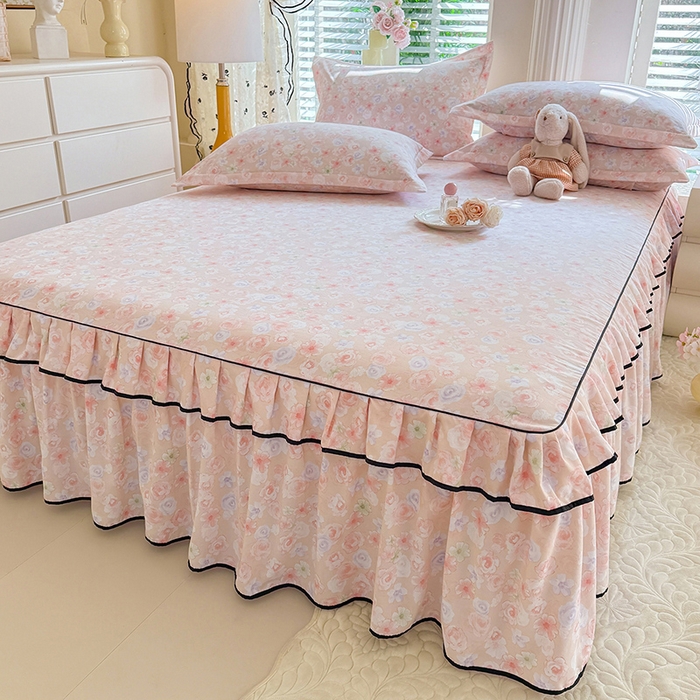 91家纺网 家纺一手货源 找家纺 优家居 2026新款A类水洗棉床裙单件三件套皱皱纱韩版公主风花边床罩直播爆款外贸定制 梦华录