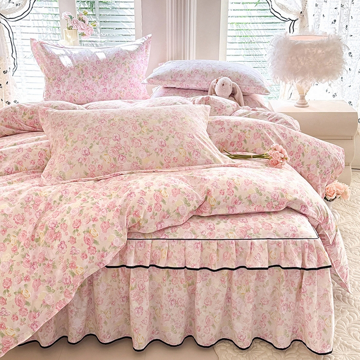 91家纺网 家纺一手货源 找家纺 优家居 2026新款A类水洗棉床裙单件三件套皱皱纱韩版公主风花边床罩直播爆款外贸定制 欧若拉