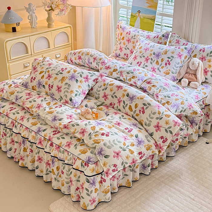 91家纺网 家纺一手货源 找家纺 优家居 2026新款A类水洗棉床裙单件三件套皱皱纱韩版公主风花边床罩直播爆款外贸定制 繁花似锦