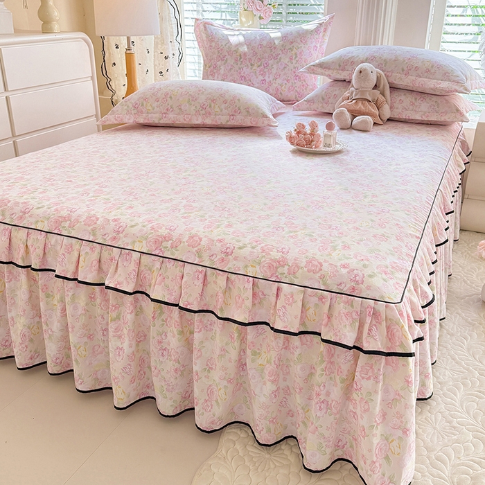 91家纺网 家纺一手货源 找家纺 优家居 2026新款A类水洗棉床裙单件三件套皱皱纱韩版公主风花边床罩直播爆款外贸定制 欧若拉