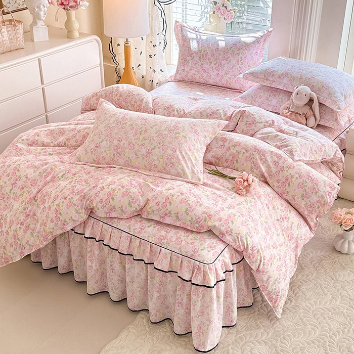 91家纺网 家纺一手货源 找家纺 优家居 2026新款A类水洗棉床裙单件三件套皱皱纱韩版公主风花边床罩直播爆款外贸定制 欧若拉