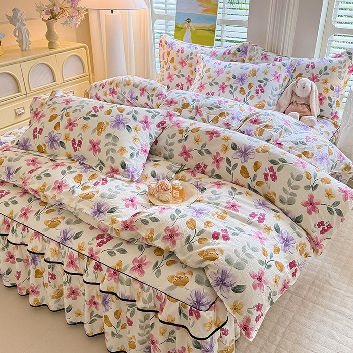 91家纺网 家纺一手货源 找家纺 优家居 2026新款A类水洗棉床裙单件三件套皱皱纱韩版公主风花边床罩直播爆款外贸定制 繁花似锦