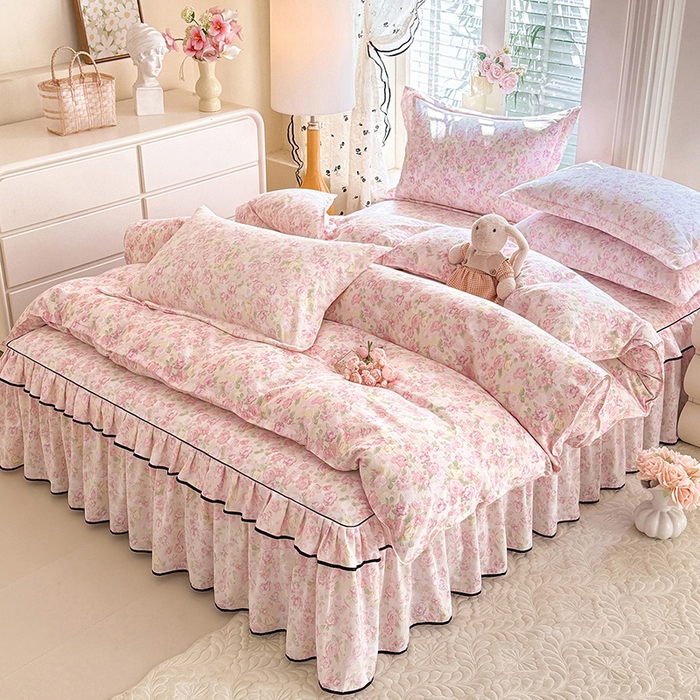 91家纺网 家纺一手货源 找家纺 优家居 2026新款A类水洗棉床裙单件三件套皱皱纱韩版公主风花边床罩直播爆款外贸定制 欧若拉