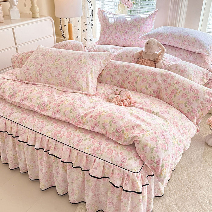 91家纺网 家纺一手货源 找家纺 优家居 2026新款A类水洗棉床裙单件三件套皱皱纱韩版公主风花边床罩直播爆款外贸定制 欧若拉